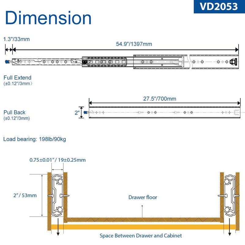 VADANIA 28" Heavy Duty Drawer Slide with Lock #VD2053, 2" Width Up to 187lb Load Capacity, 3-Fold Full Extension, Ball Bearing Lock-in & Lock-Out, Side Mount, 1-Pair - Image 4